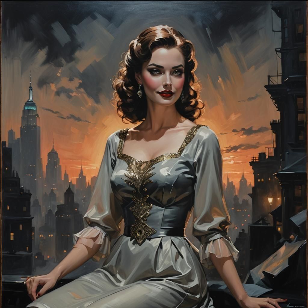 Noir Painting of Femme Fatale in New York