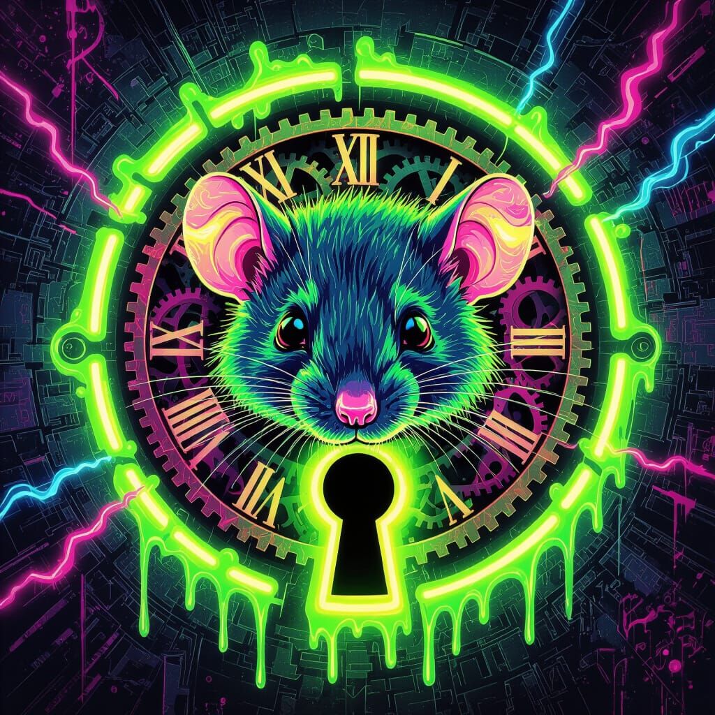 Neon Rat Through Keyhole in Psychedelic Graffiti Style