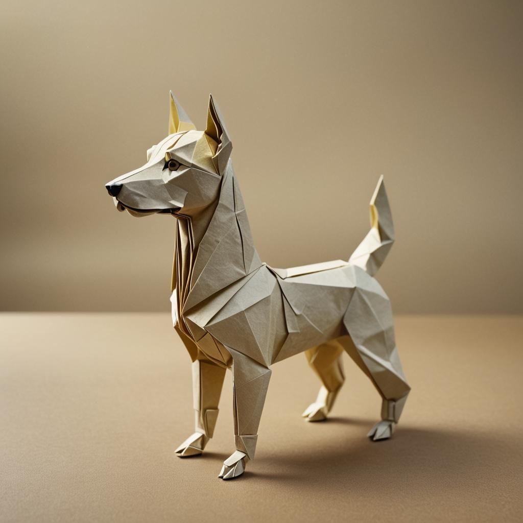 Intricate Origami Dog Papercraft in Soft Focus