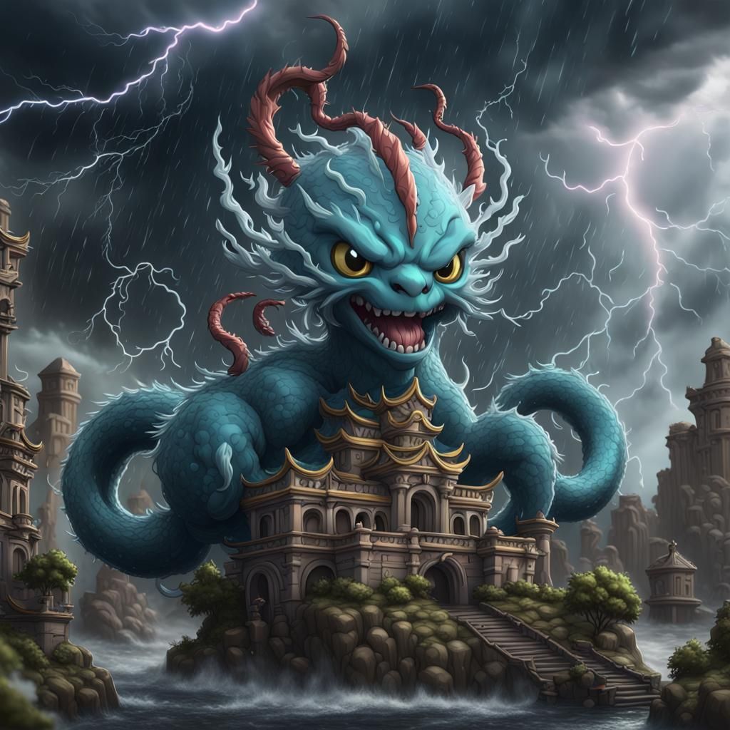 Chibi Thunderstorm Hydra: Fantasy Concept Art