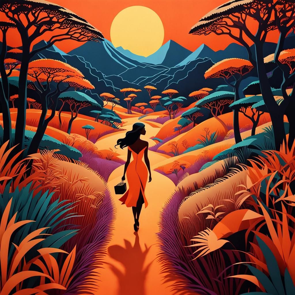 Elegant Woman Strolls Through African Savannah in Fauvism Co...