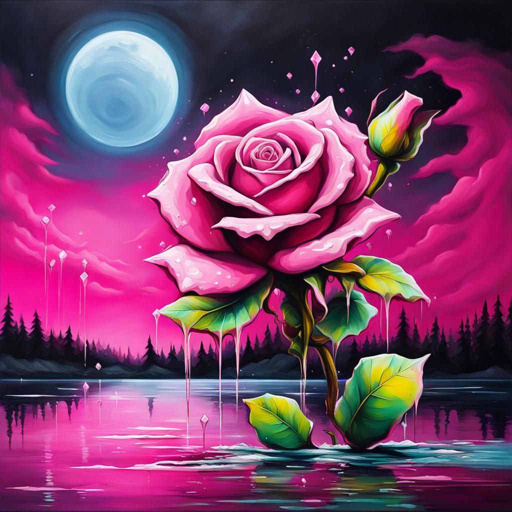 Vibrant Pink crystal Rose in moonlight on a lake