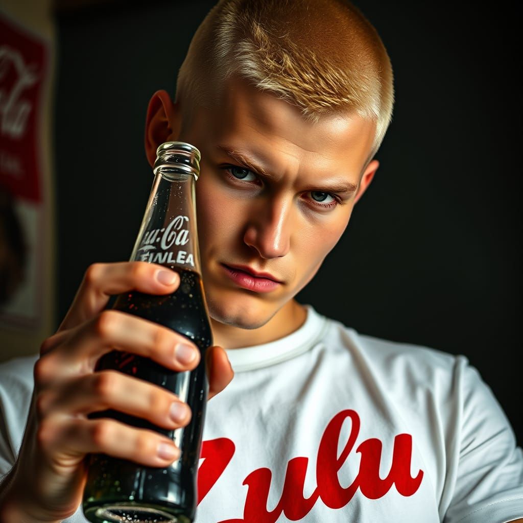 Confident Blond Man Poses with Coca-Cola in a Gritty Realism...