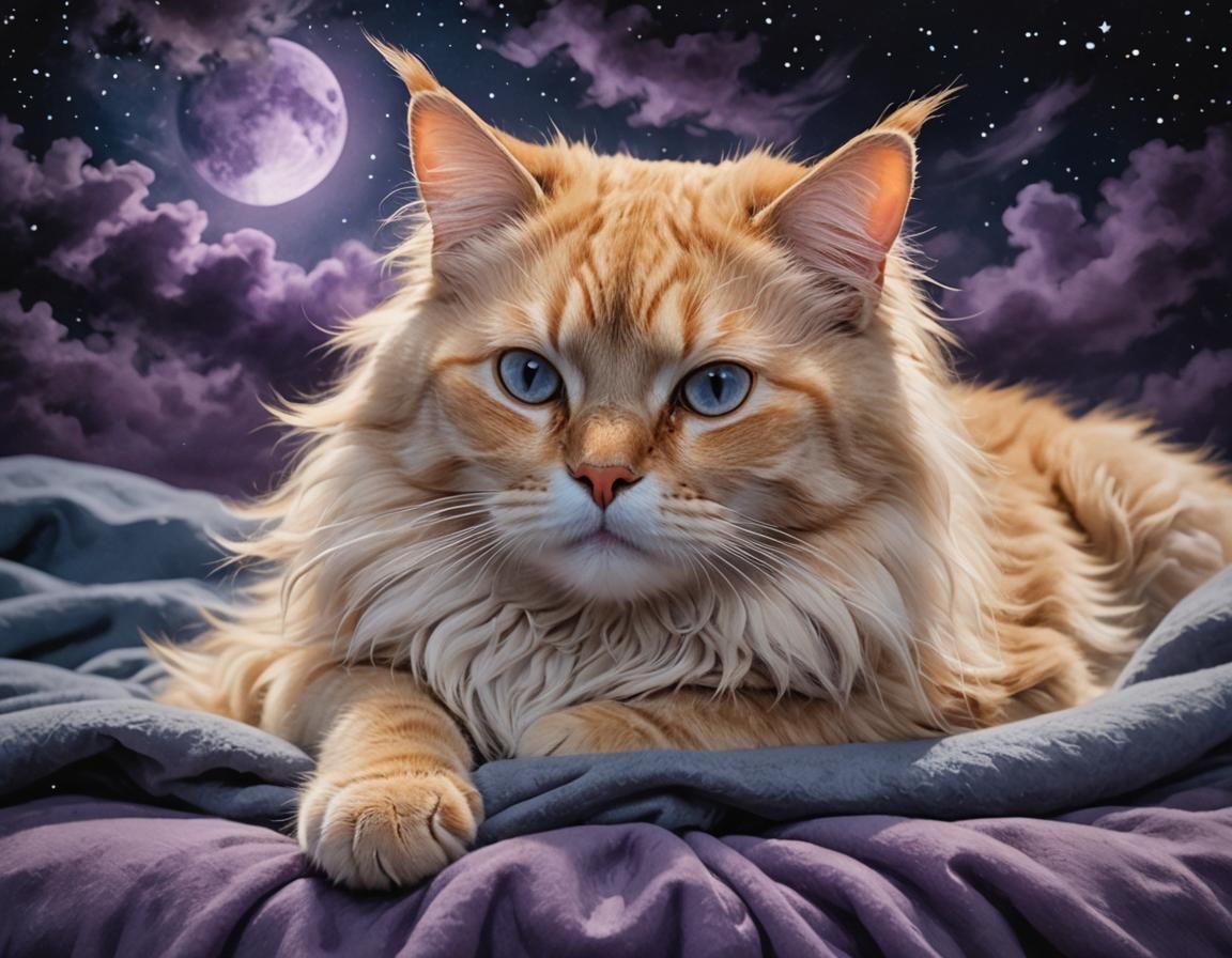 Serene Blonde Cat Under Purple Sky, Fantasy Art