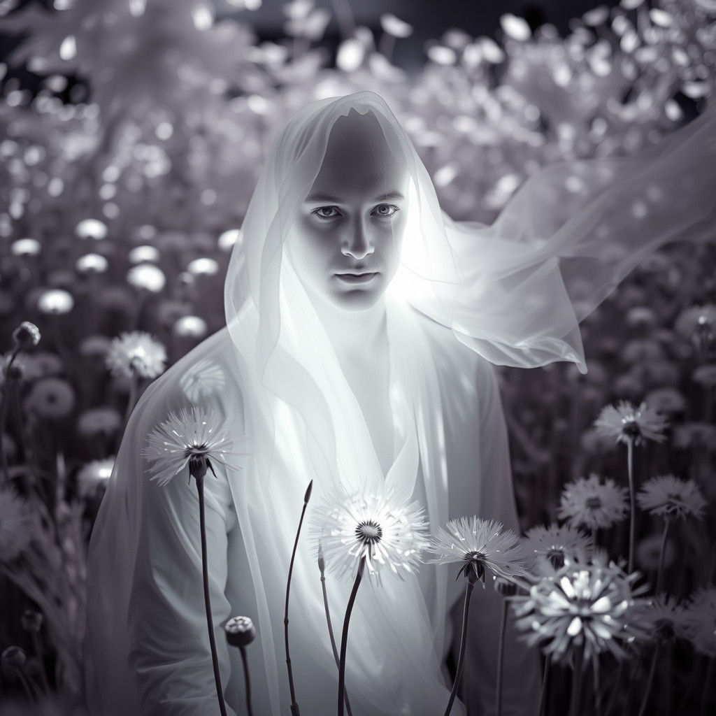 Ethereal Man in Dandelion Dreamscape, Surrealist Portrait