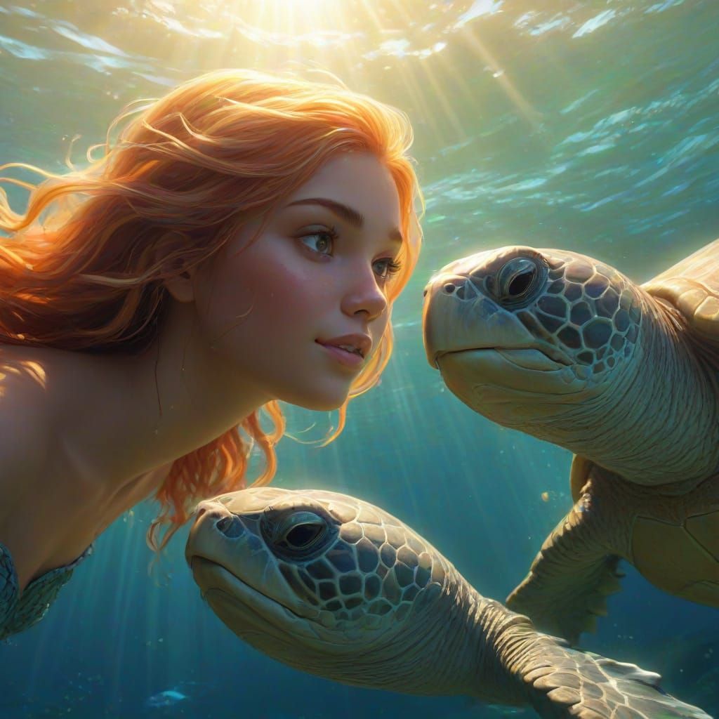 Mermaid and Sea Turtles in Pixar Animation Style