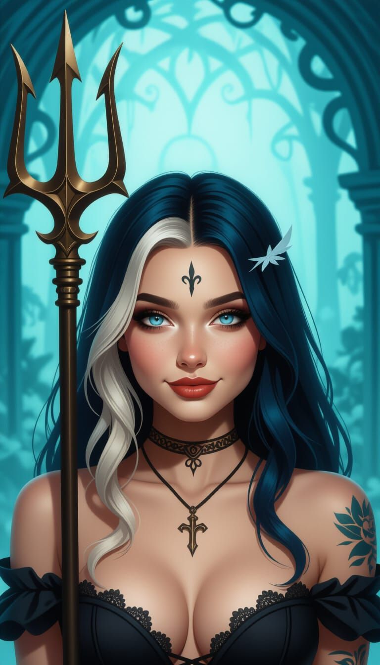 Mysterious Woman with Trident Tattoo and Deep Blue Eyes
