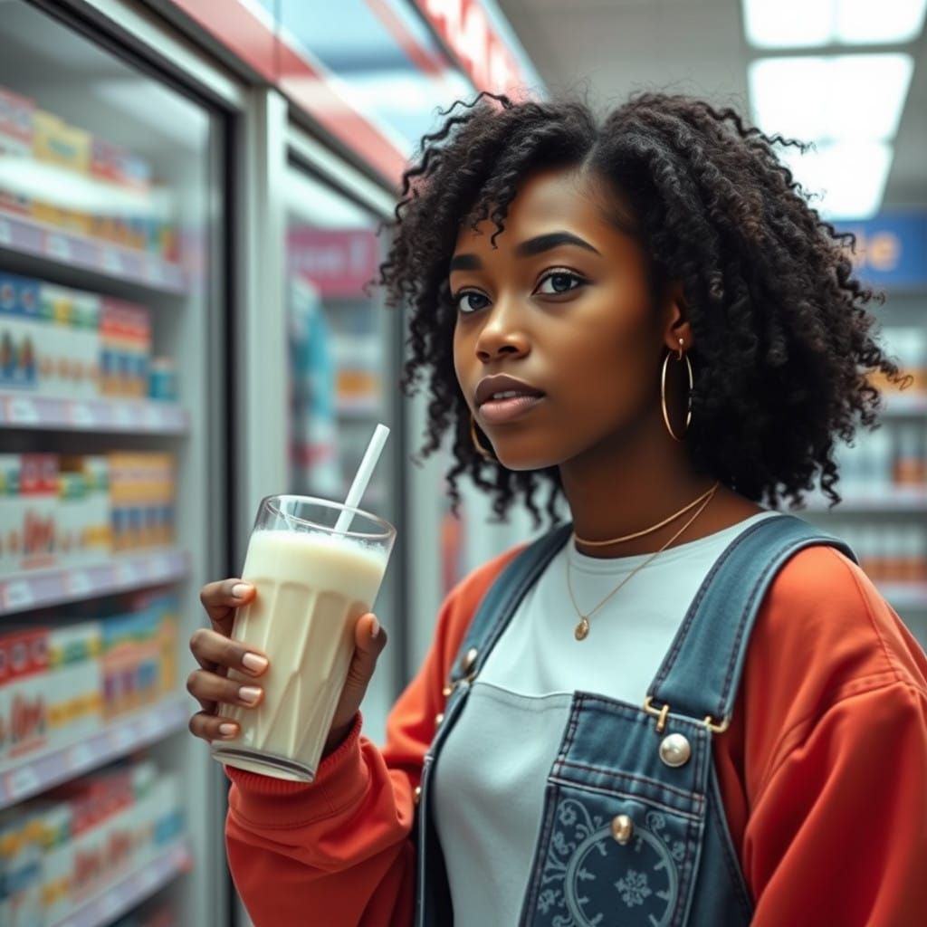 Modern Black Teen Girl in Gen Alpha Style Drinks at a Photor...