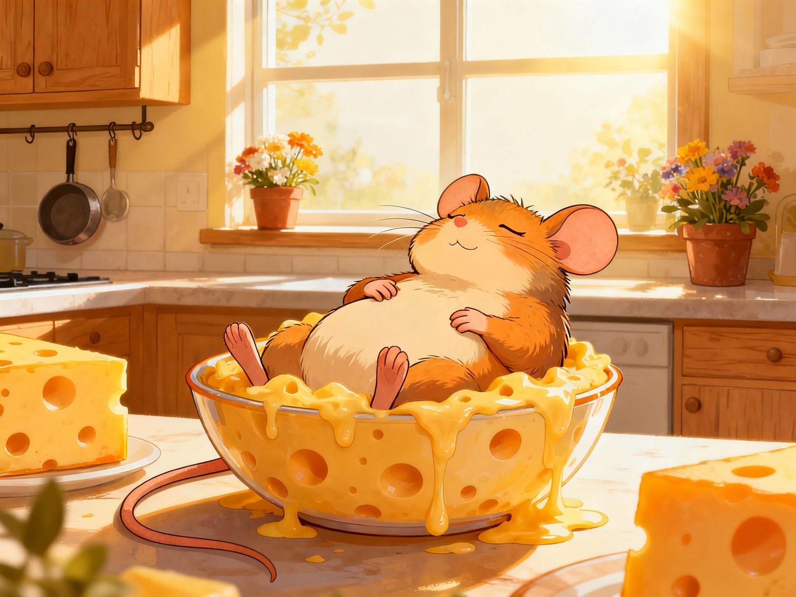 Cosy Mouse Relaxing with Cheese Bowl on Kitchen Counter