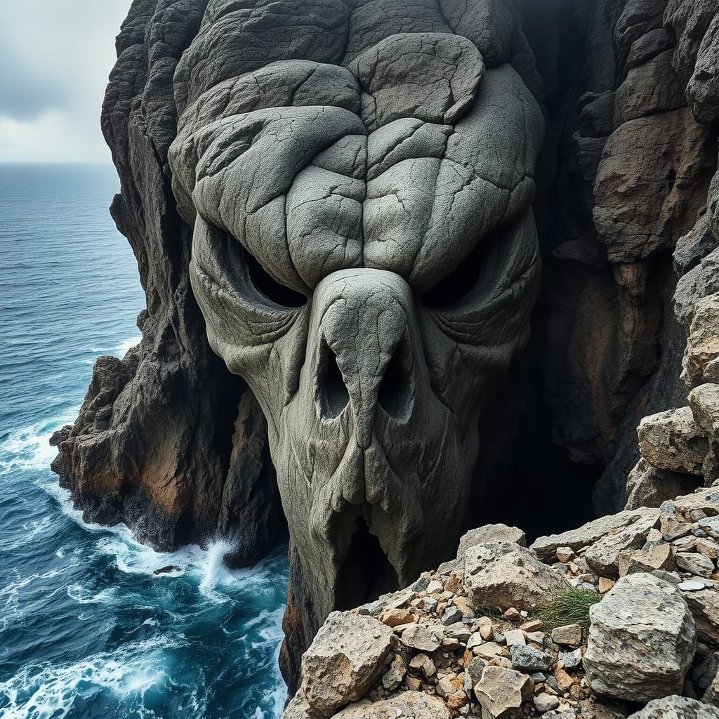 Stoic Cliff Face Overlooks Turbulent Sea in Dramatic Surreal...