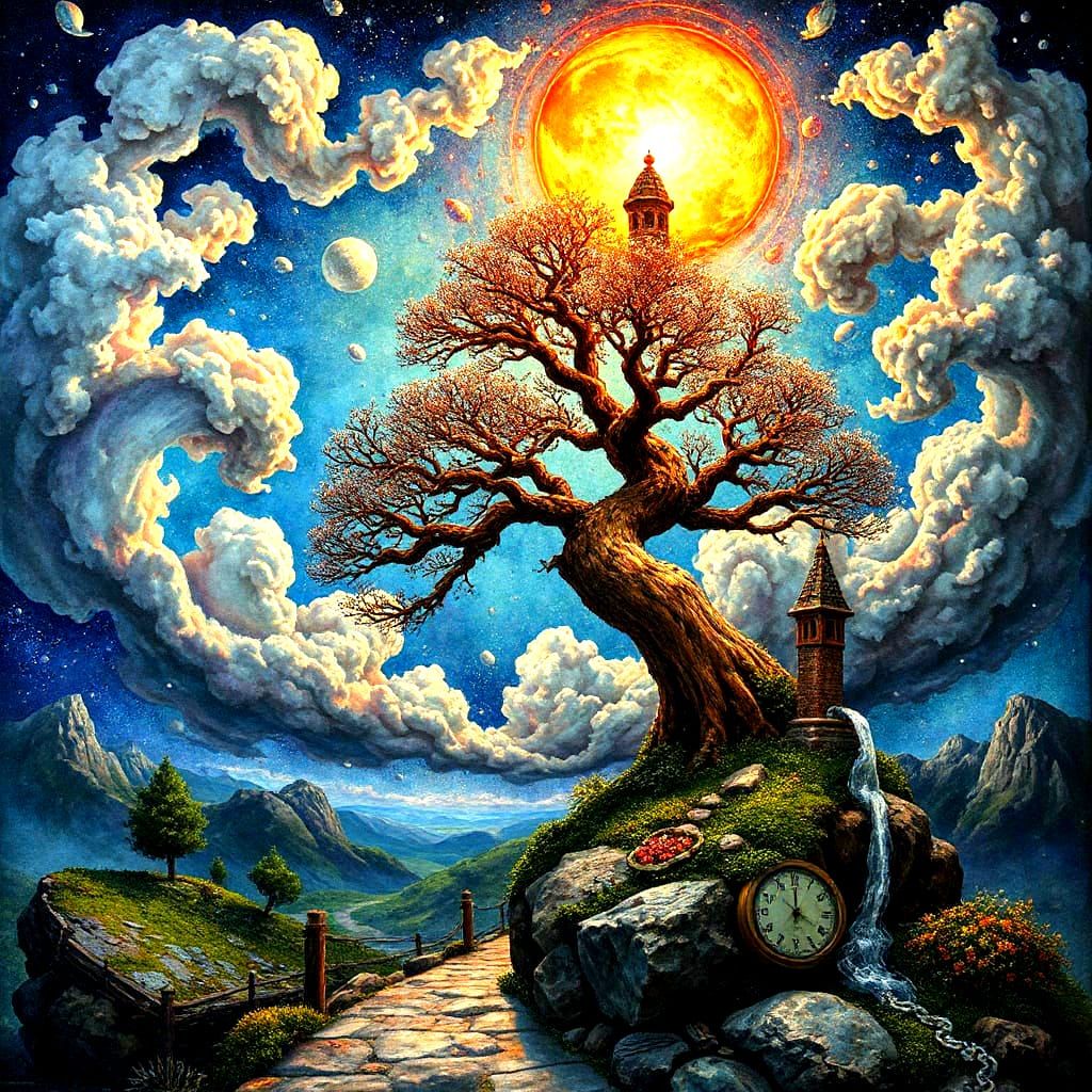 Dreamlike Bonsai Village Landscape with Gnarled Clouds