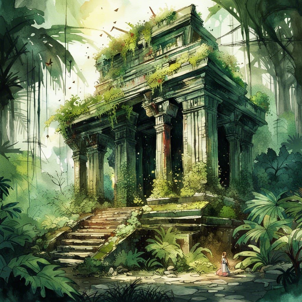 Lush Jungle Temple Ruins in Watercolor
