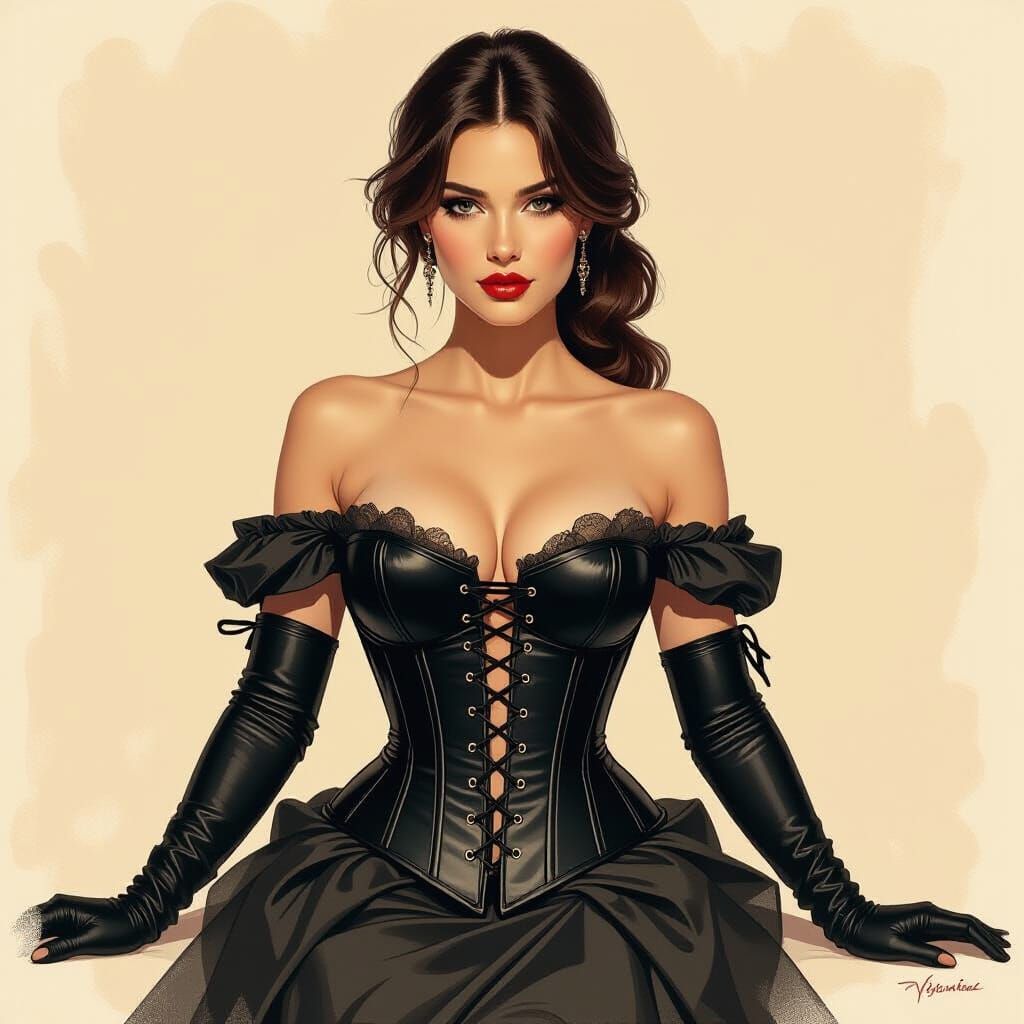 Ethereal Portrait of Woman in Corset, Art Nouveau Style