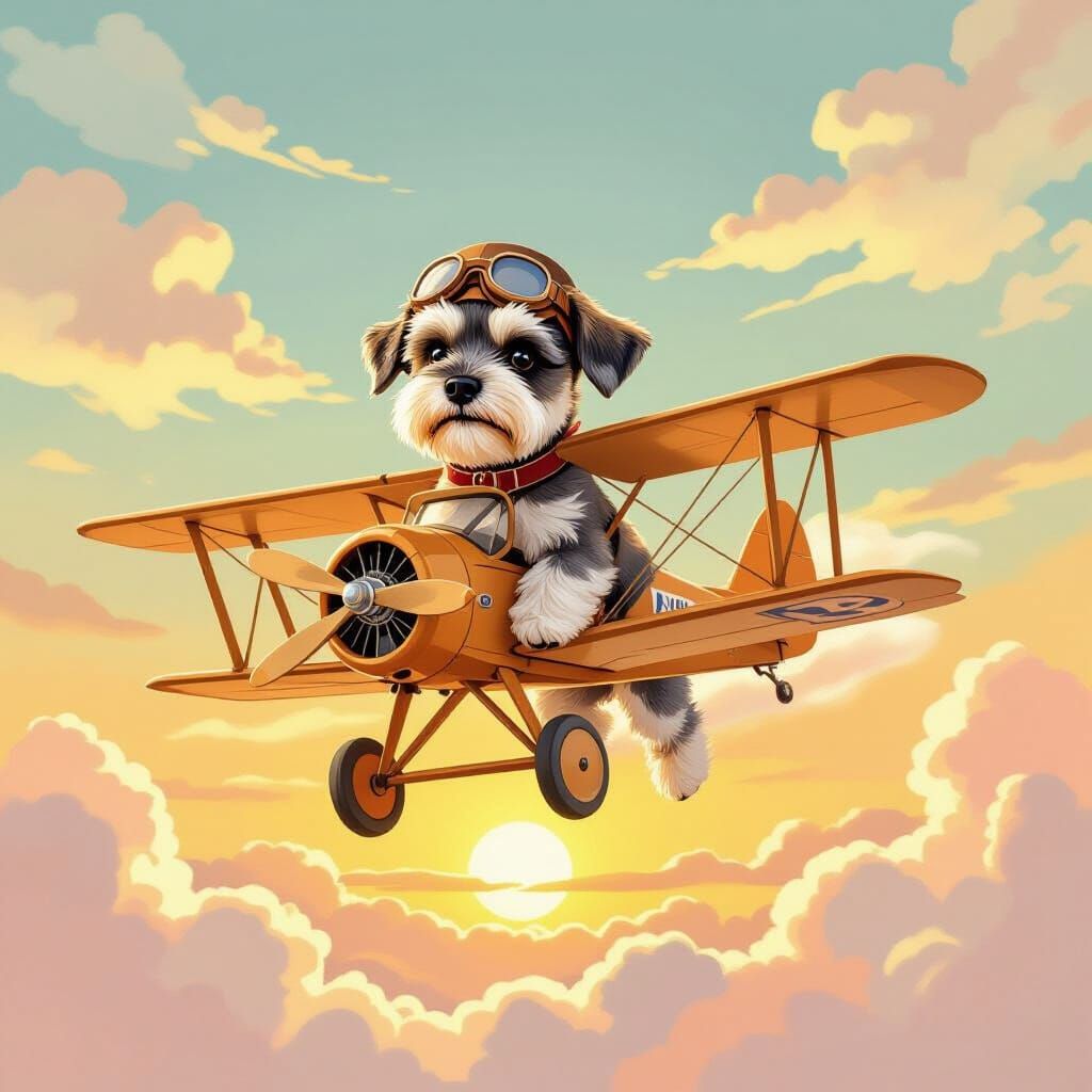 Miniature Schnauzer Soaring in Popsicle Stick Biplane