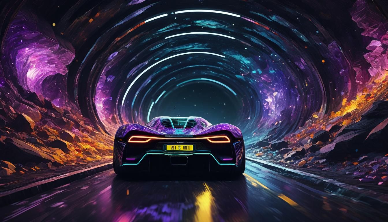 Cyberpunk Racecar Races Through Amethyst Cave