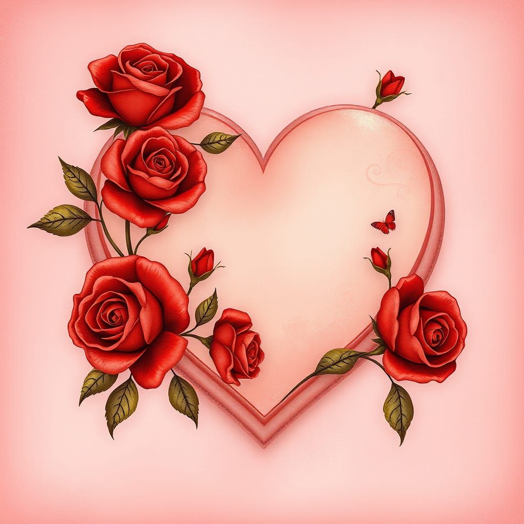Luxurious Pink Heart Card with Roses in Art Nouveau Style