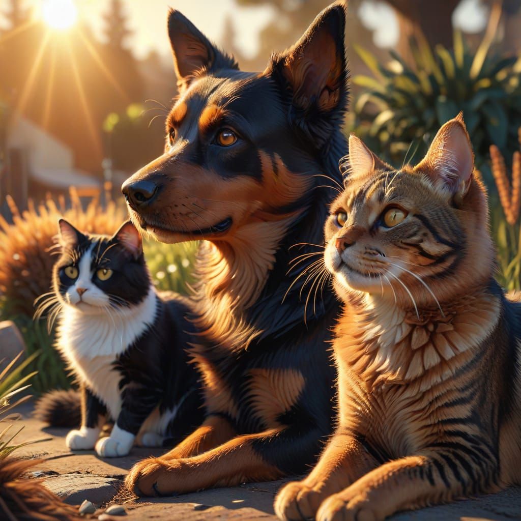 Brown and Black Dog Friends in a Warm Sunlit Moment