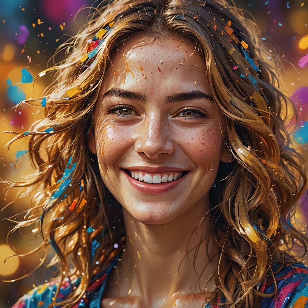 Vibrant Portrait of a Smiling Woman in Splash Art Style