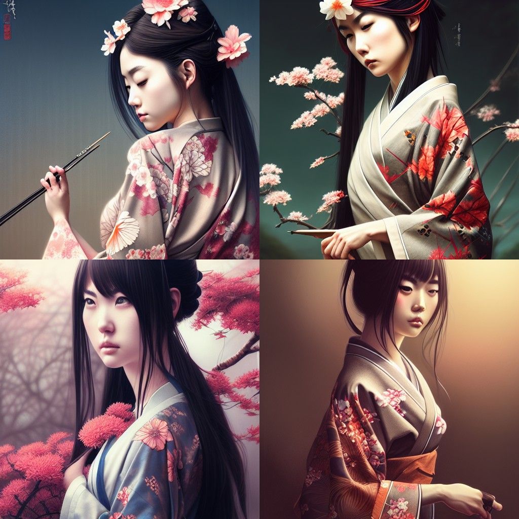 Beautiful Japanese Girl in Kimono, Digital Illustration