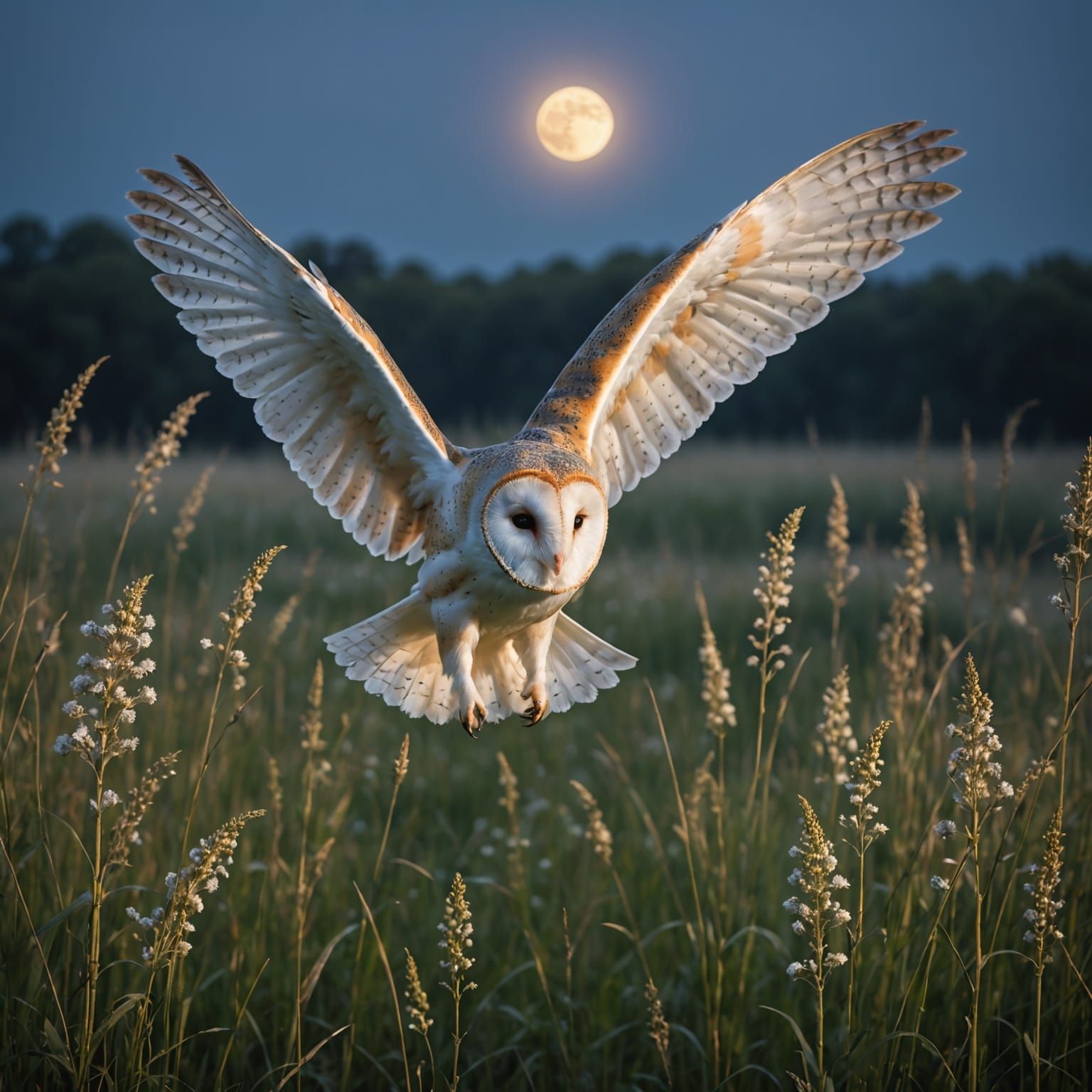 Moonlit Barn Owl in Flight Over a Serene Meadow