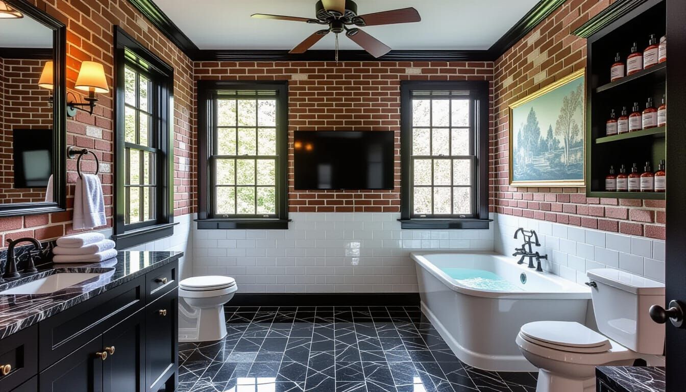 Vibrant Victorian Bathroom with Marble and Brick Wallpaper