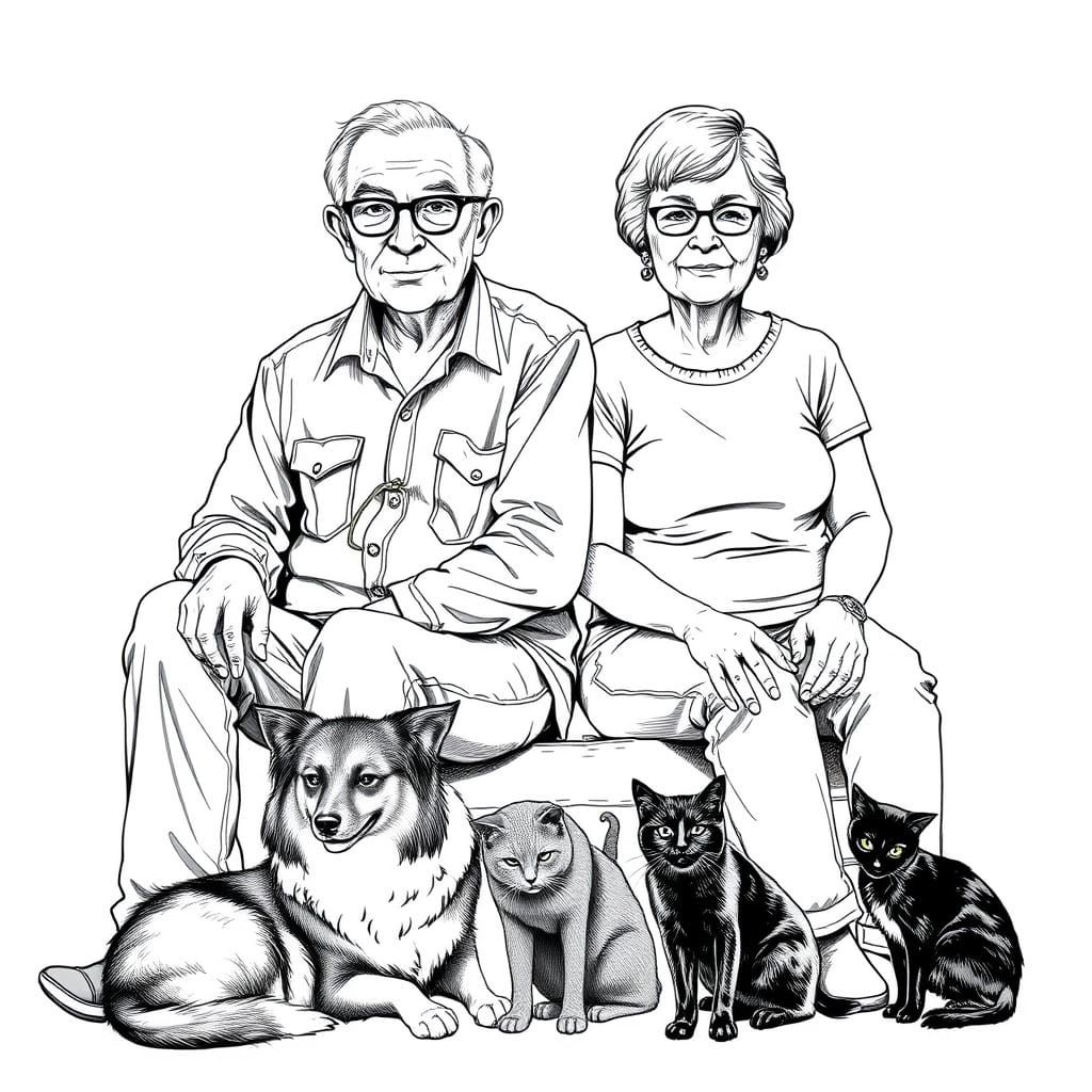 Elderly Couple Surrounded by Loyal Pets in a Black and White...