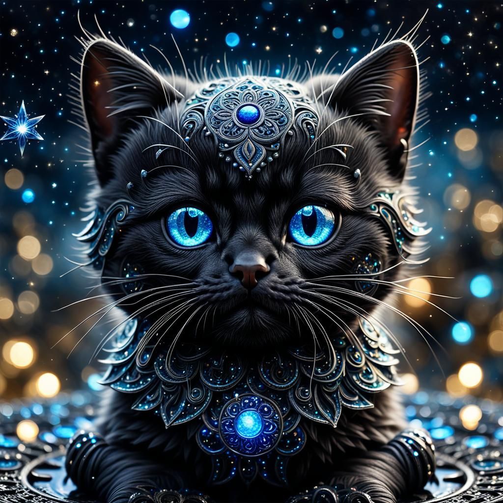 (a super cute black shiny adorable kitty with blue wet eyes ...