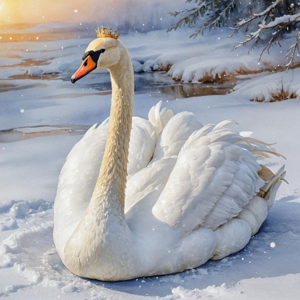 Swan in Snow with Golden Tiara: Renaissance Painting
