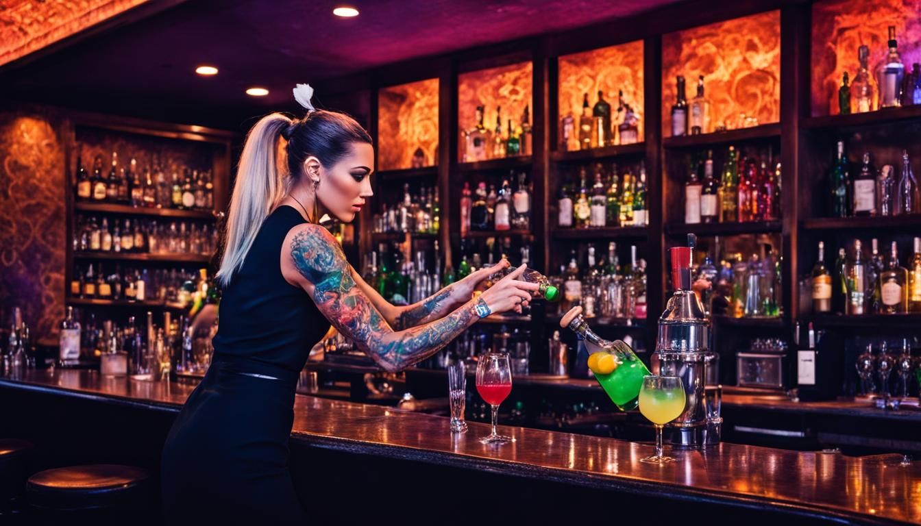 Bartender Juggling Bottles in Neon Lit Bar