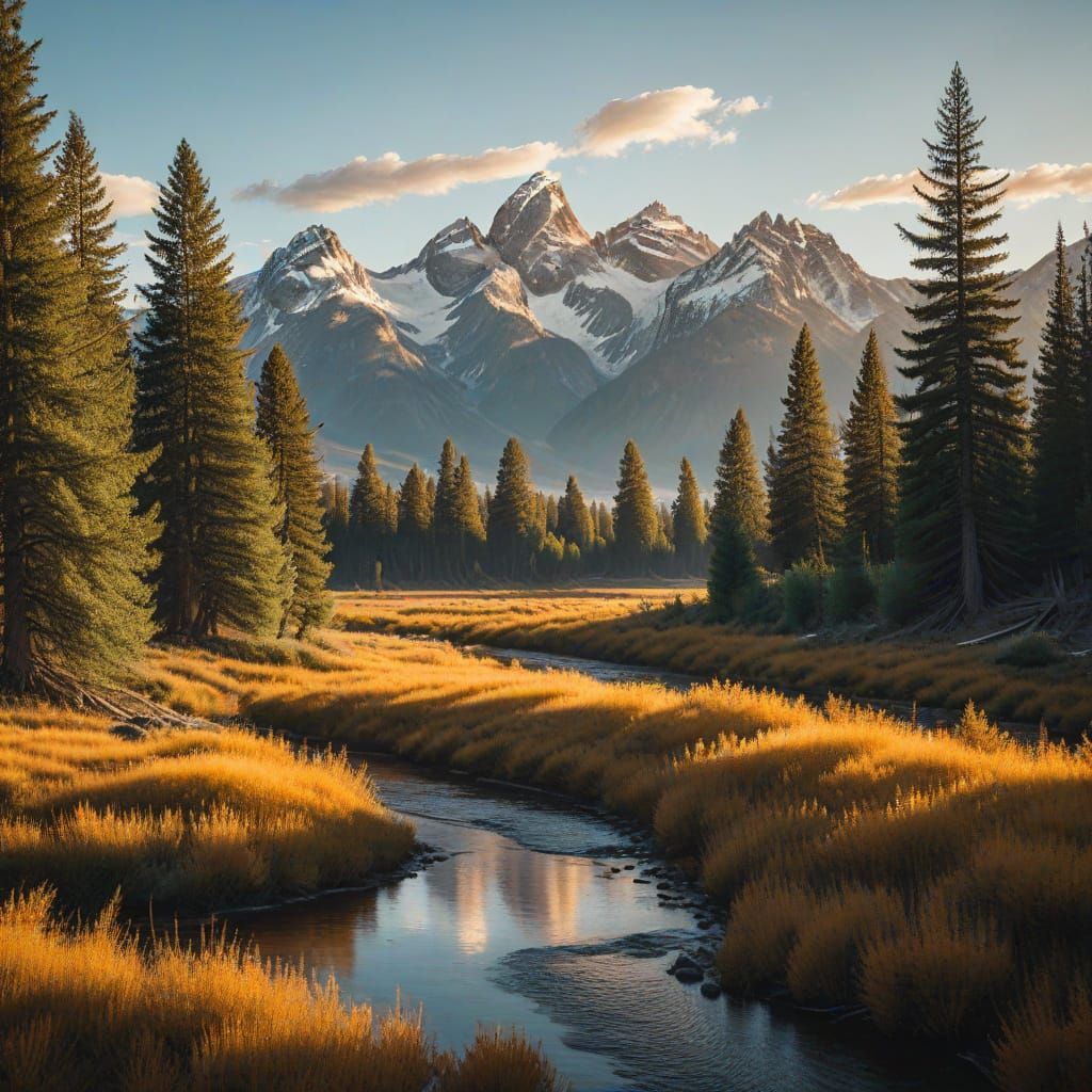 Teton Mountains Landscape in Oil Painting Style