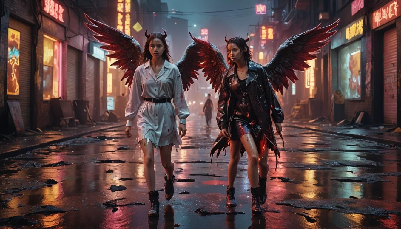 Surreal Twin Goddesses Unite and Divide in Neon City and Bur...
