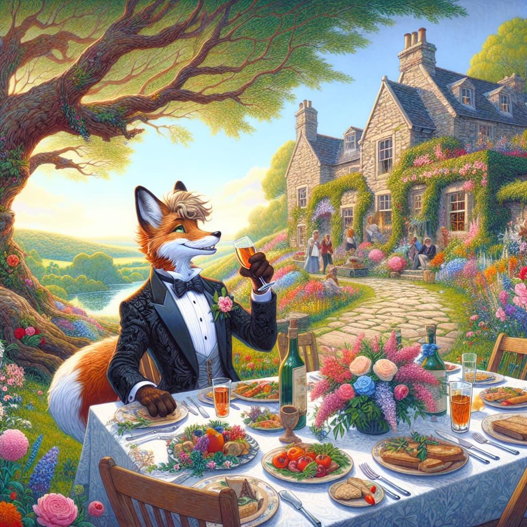 Fox in Tuxedo at Dinner Party Overlooking Village