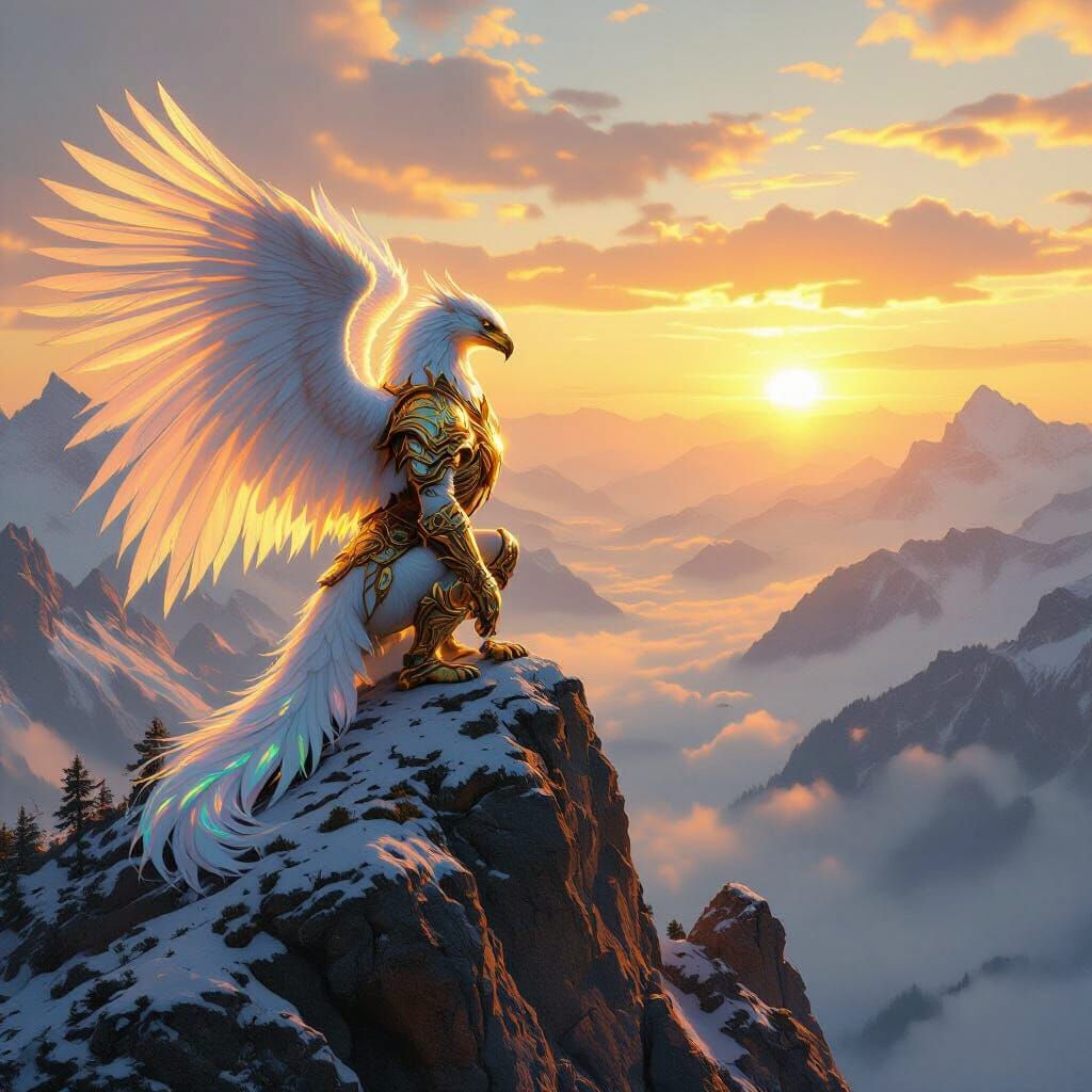 Armored Griffin Overlooking Misty Valley