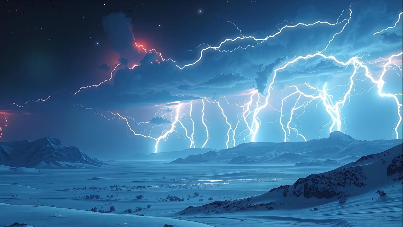 Neon Lightning Storm Over Alien Snow Valley