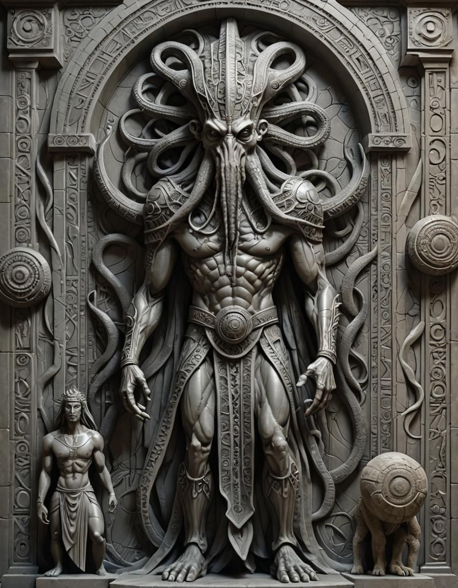 A tall silver Lovecraftian andoid standing before an ancient...