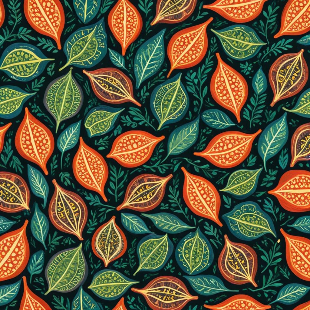 Surreal Seed Pod Patterns in Intricate Gouache Painting