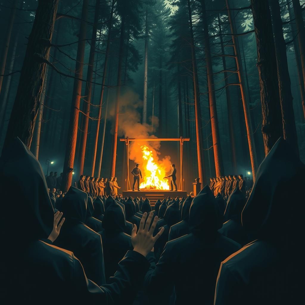 mass mysterious meeting in the deep woods. People wearing da...