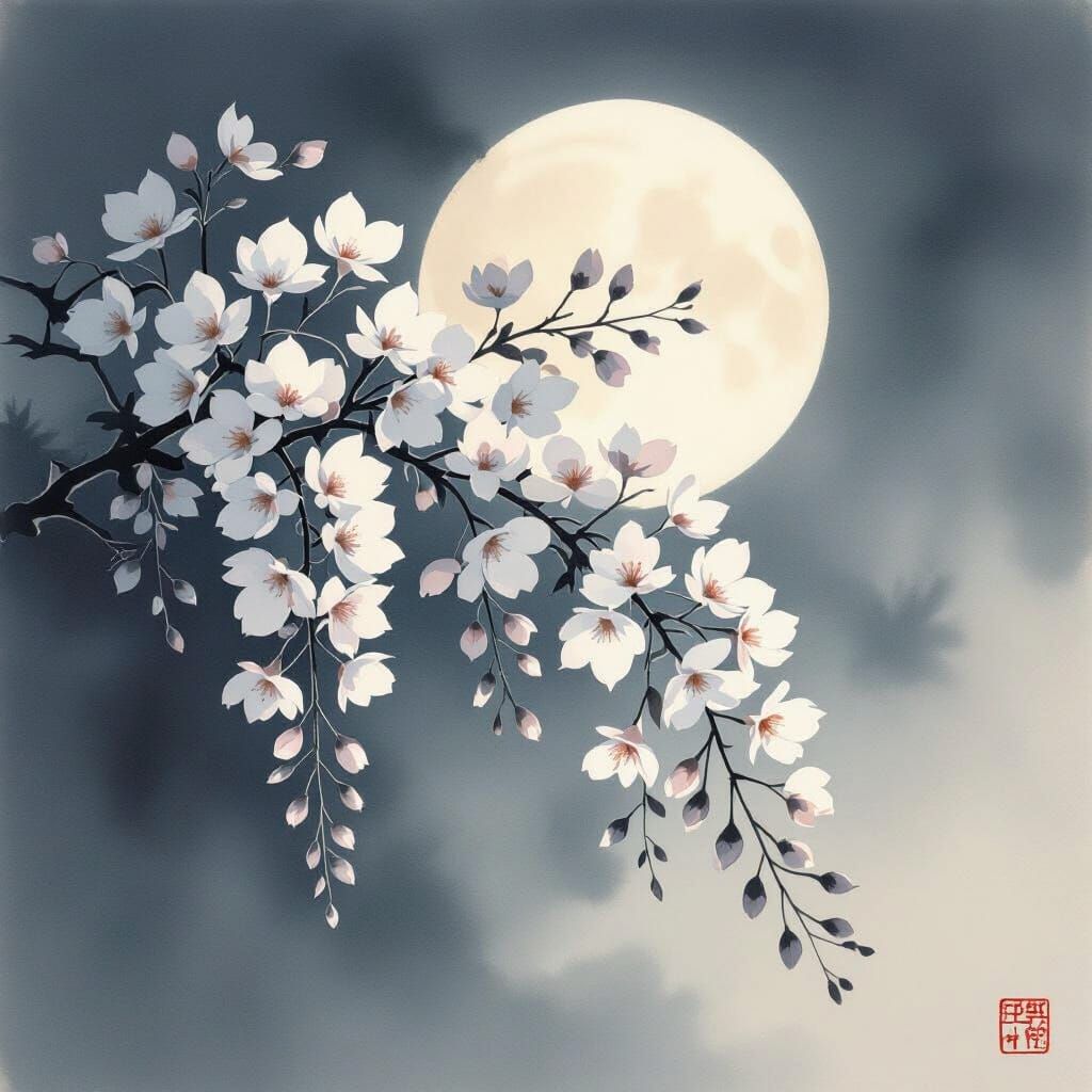 Wisteria in Moonlight: Japanese Ink Wash Masterpiece