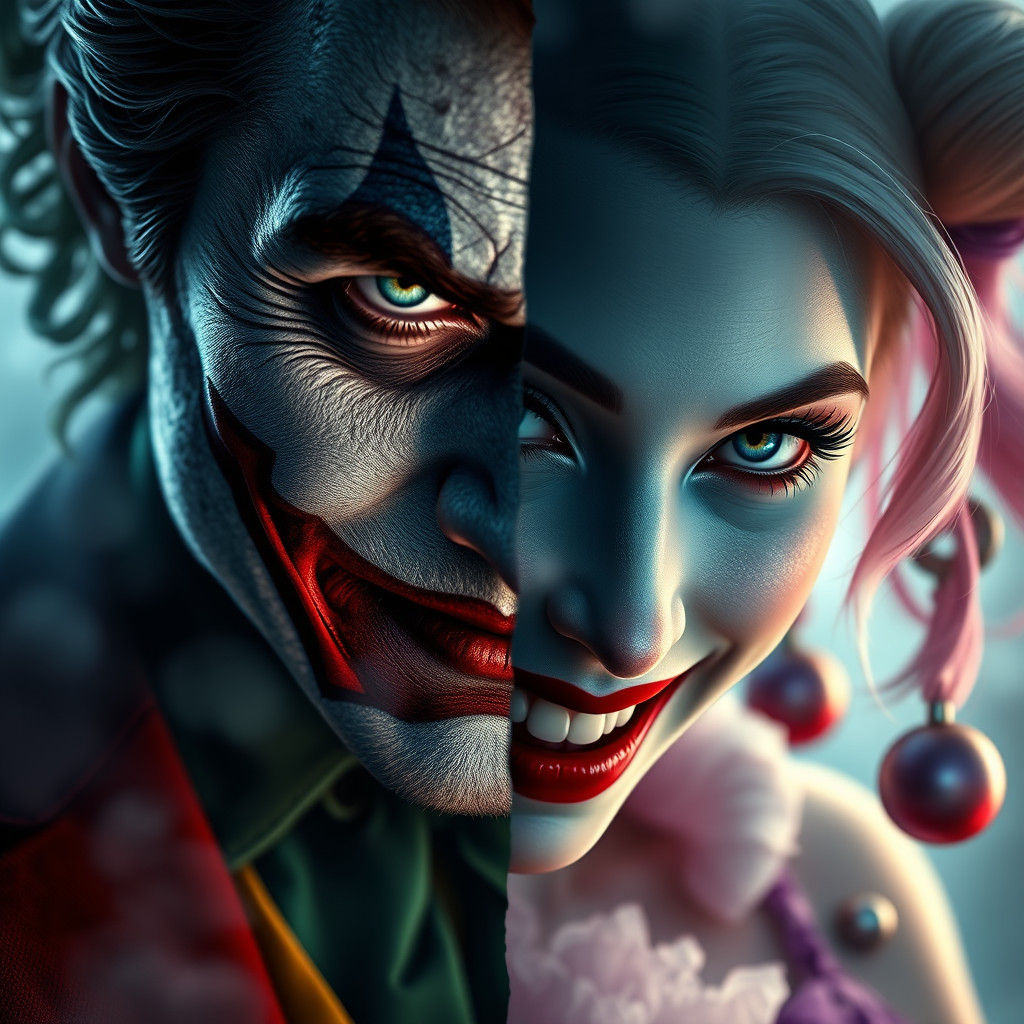 Joker and Harley Quinn Split Portrait in Ethereal Style