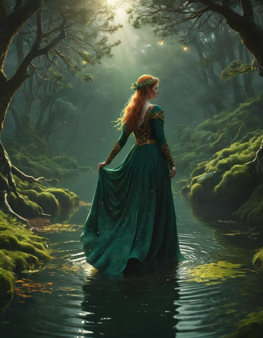 Celtic Priestess in Mystical Forest Pond