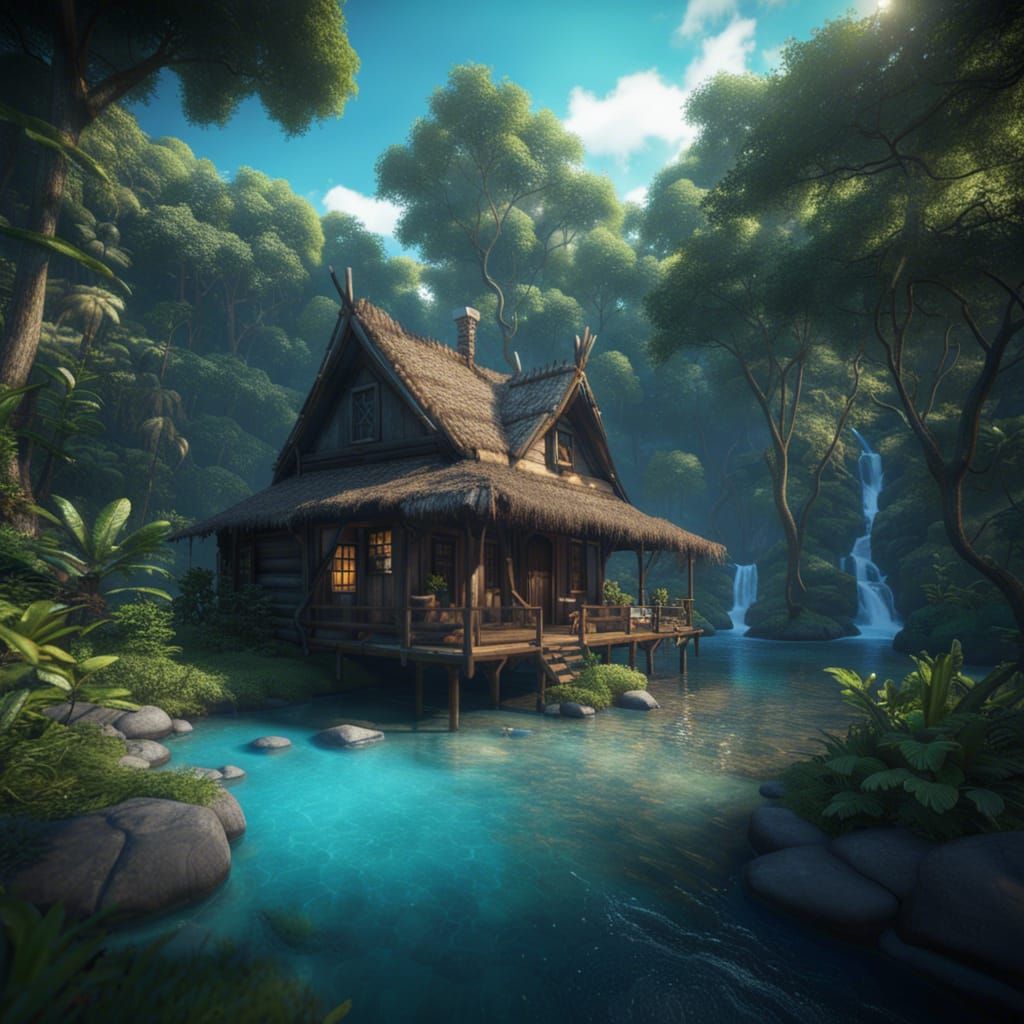 Cozy Cabin by Creek with Tropical Sky