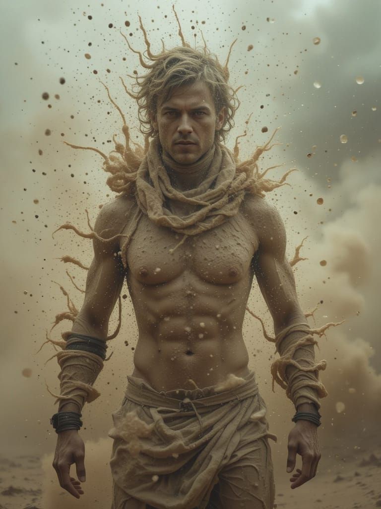 Male Figure in Turbulent Sandstorm Landscape