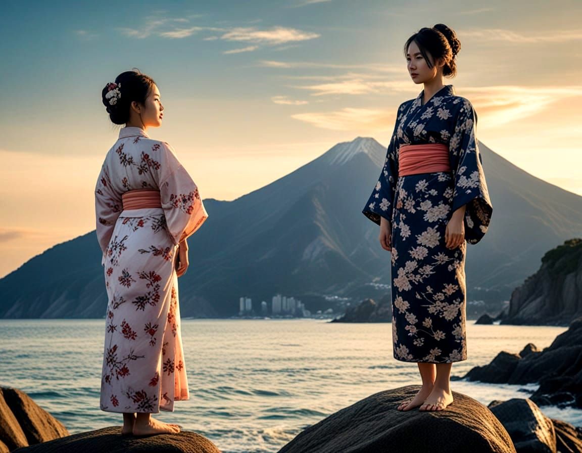 Asian Girl in Traditional Kimono Stands Fearlessly on Rock i...