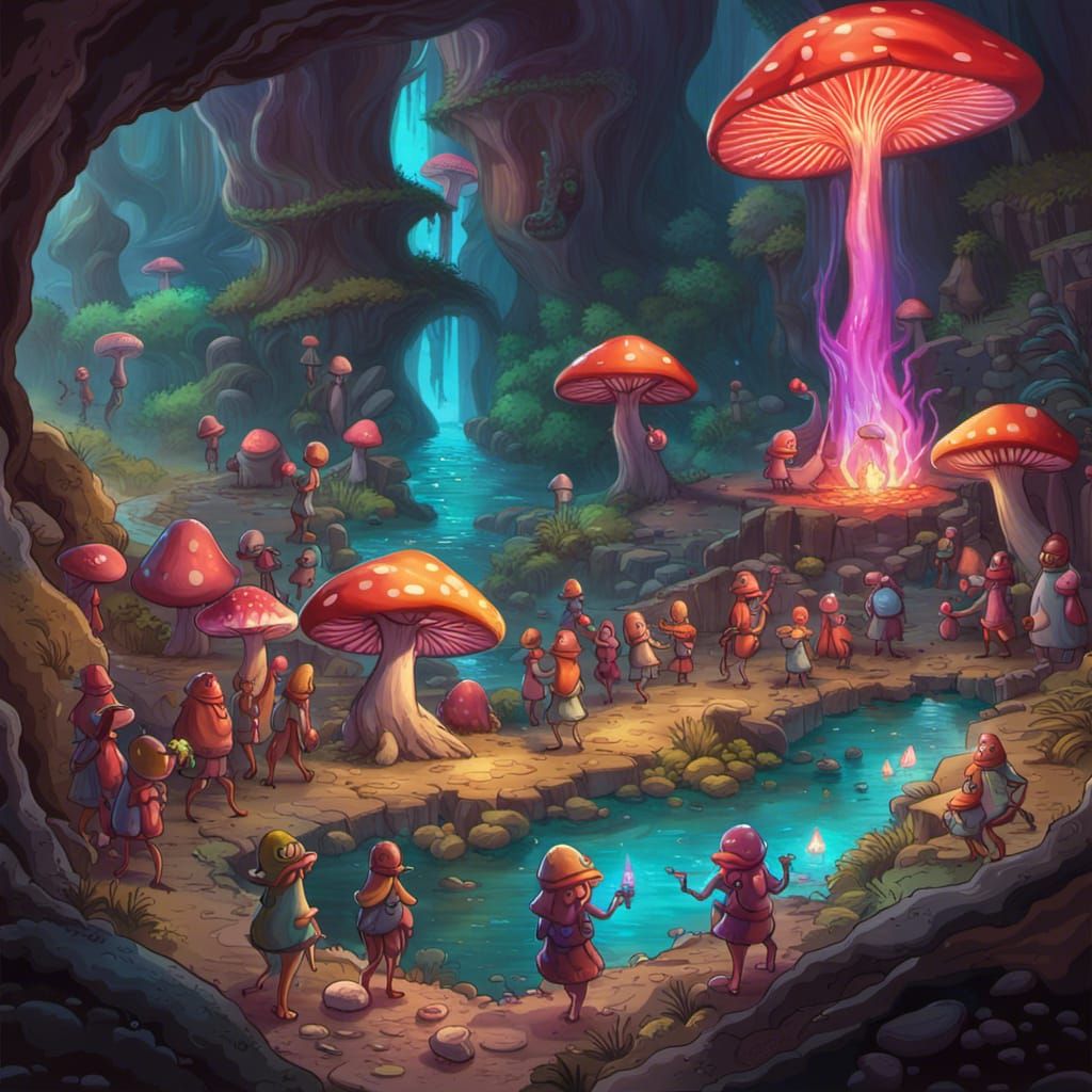 Myconid Mushroom Village Festival in Bioluminescent Cave