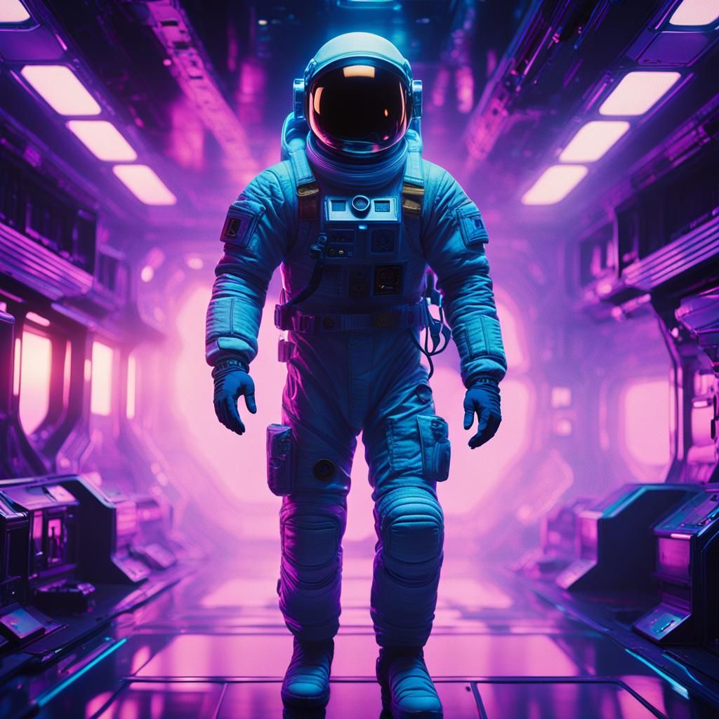 Astronaut in Zero Gravity with Neon Lighting