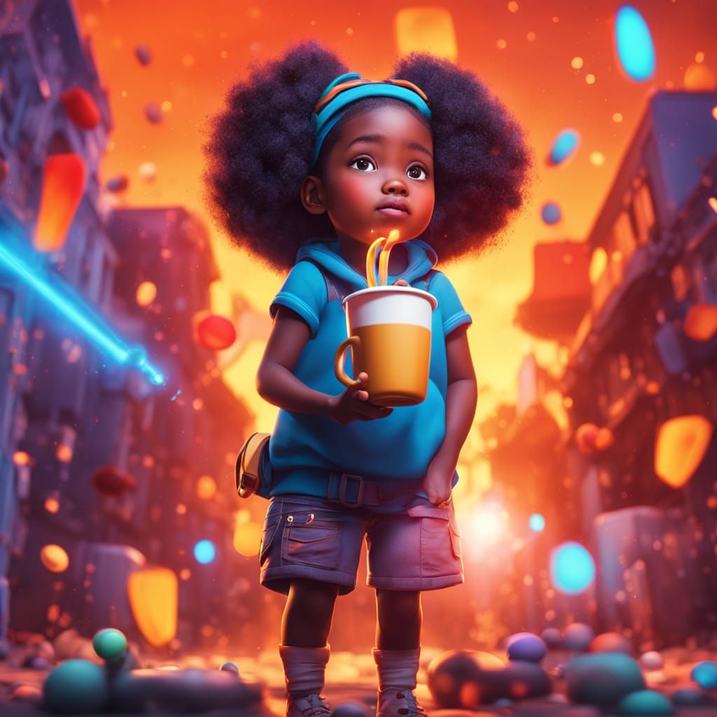 Vibrant Graffiti Portrait of a Young Black Girl Enjoying Hot...