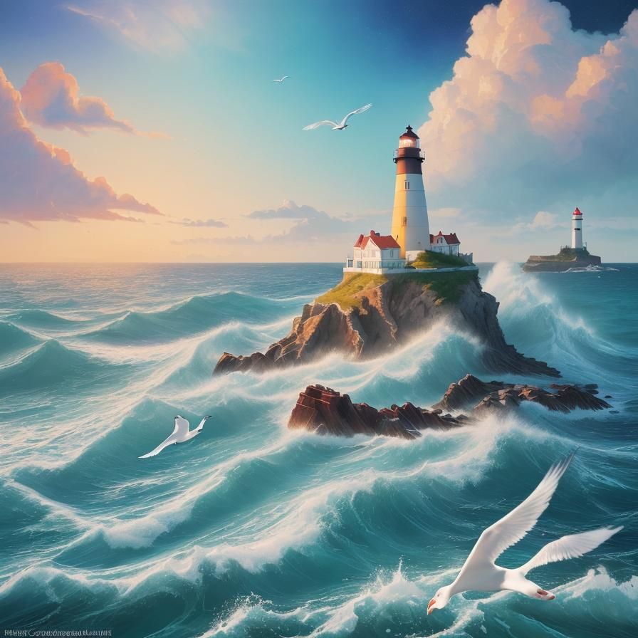 Watercolor Seascape with Lighthouse and Crashing Waves