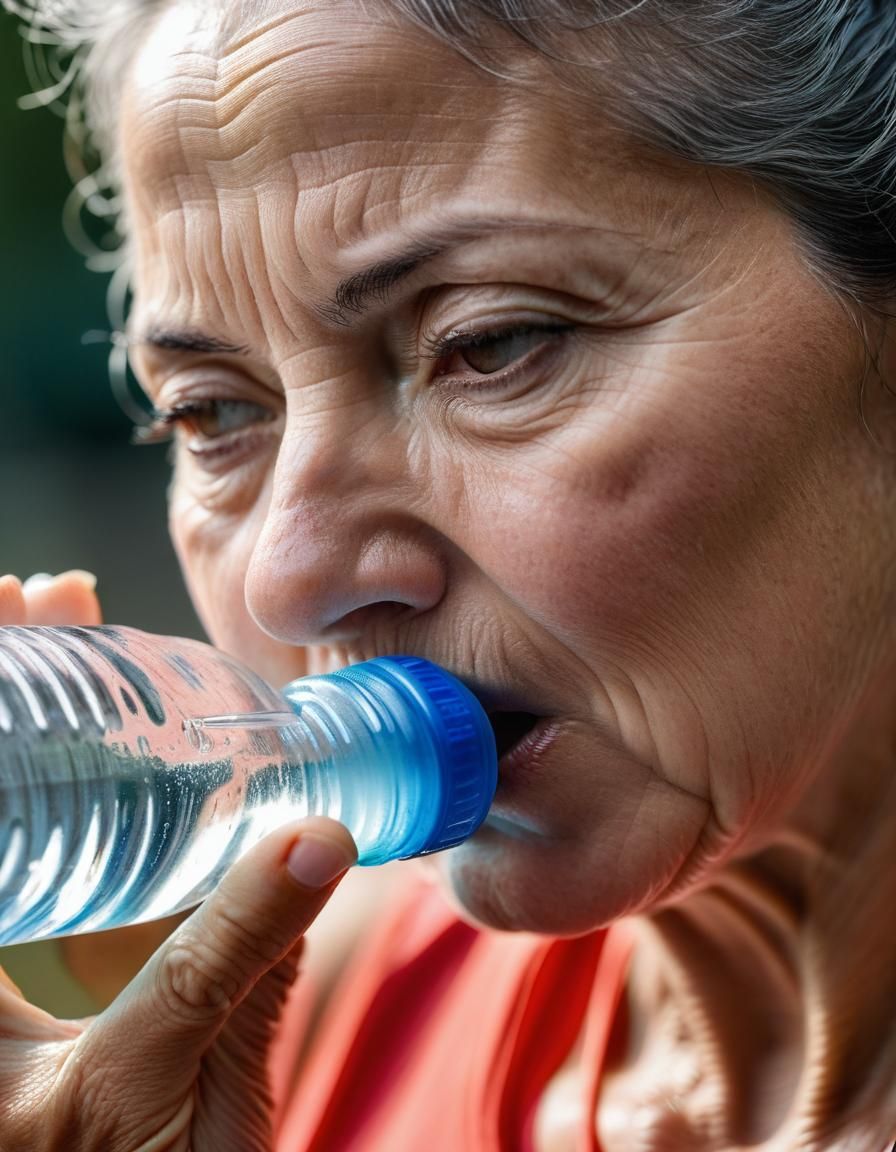Realistic Close-Up of Sweaty Woman Drinking Water