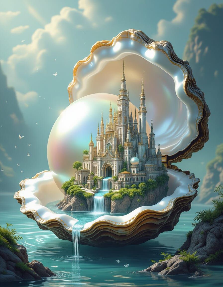 Colossal Pearl Cityscape in Ancient Oyster Shell