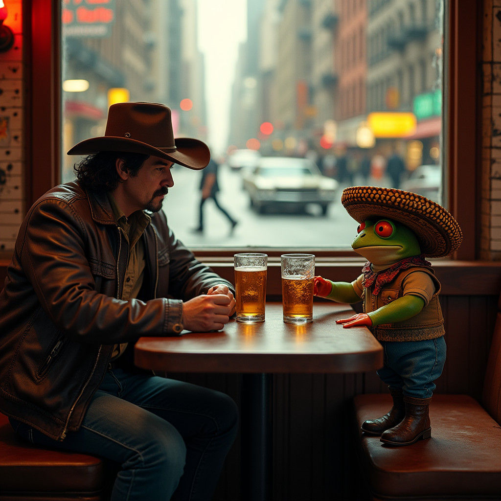 Man and Frog Chatting in 1970s New York
